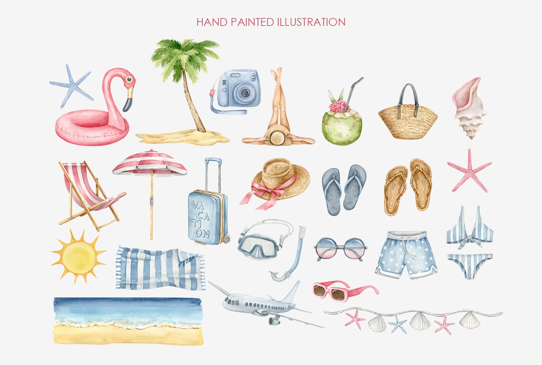 Watercolor summer beach clipart preview image.