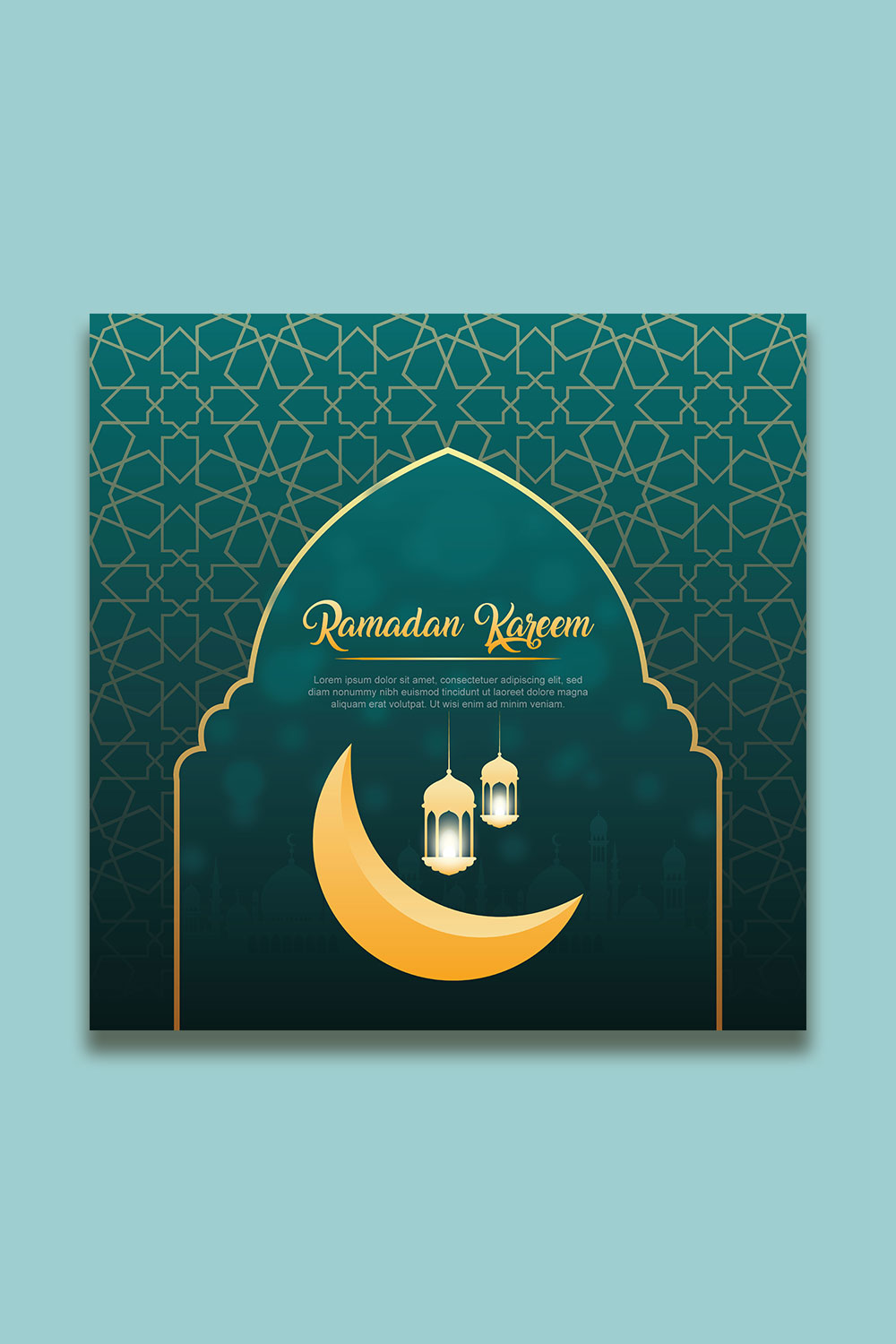 Ramadan Kareem greeting card with Islamic background pinterest preview image.