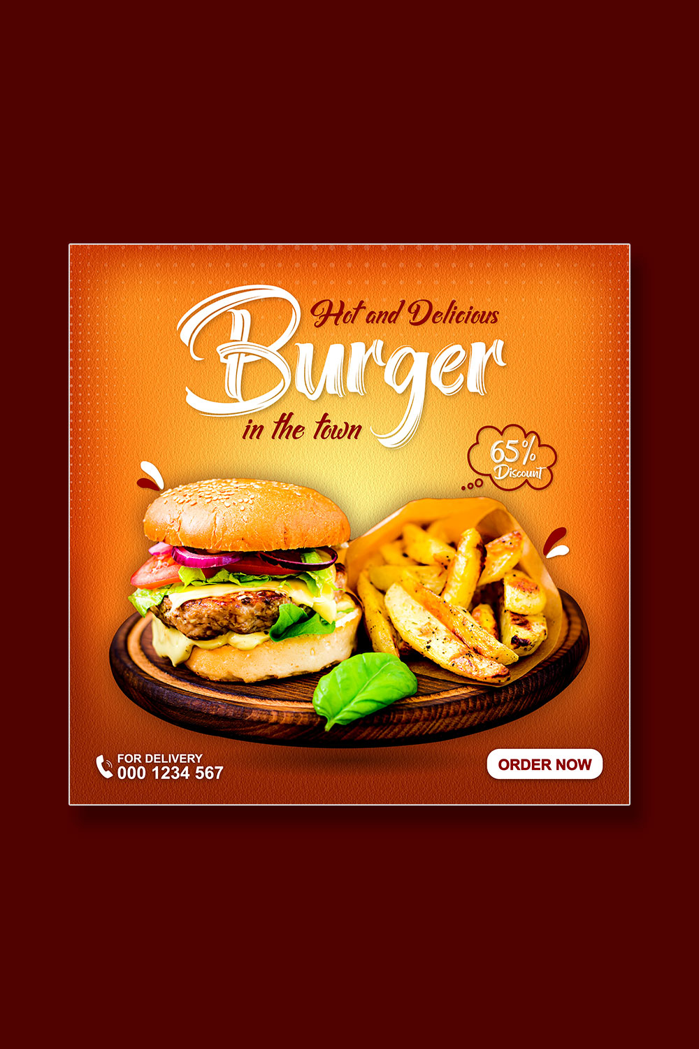 Food menu and delicious burger sale social media promotion template pinterest preview image.
