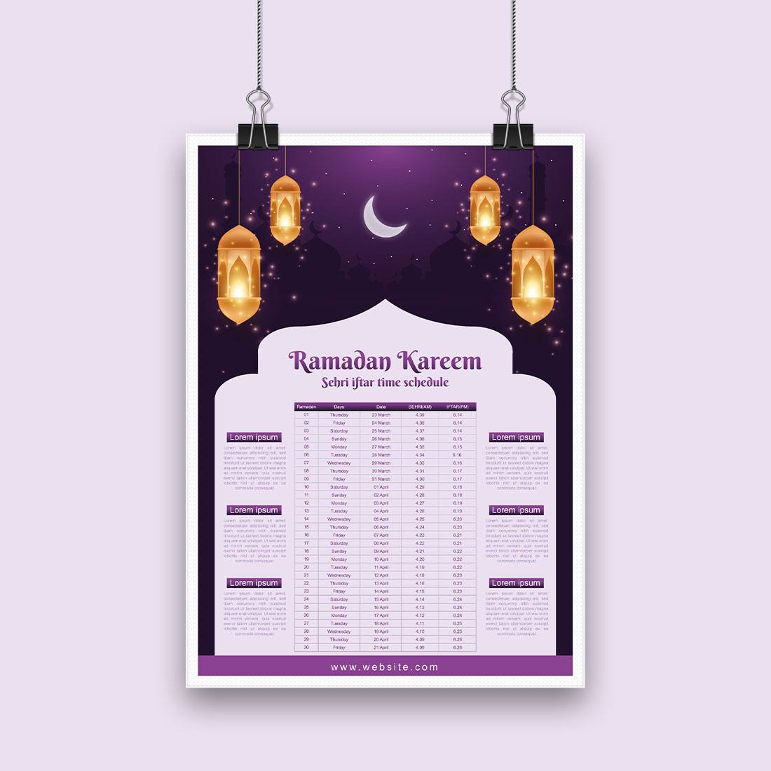 Ramadan Kareem Islamic calendar template and sehri ifter time schedule preview image.