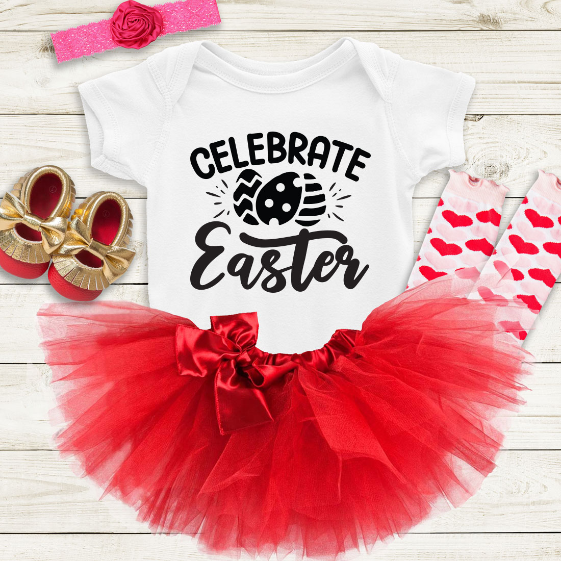 Baby girl's birthday outfit with a red tutu and red shoes.