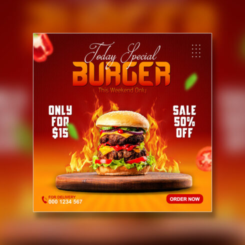 food menu and delicious burger sale social media promotion template cover image.