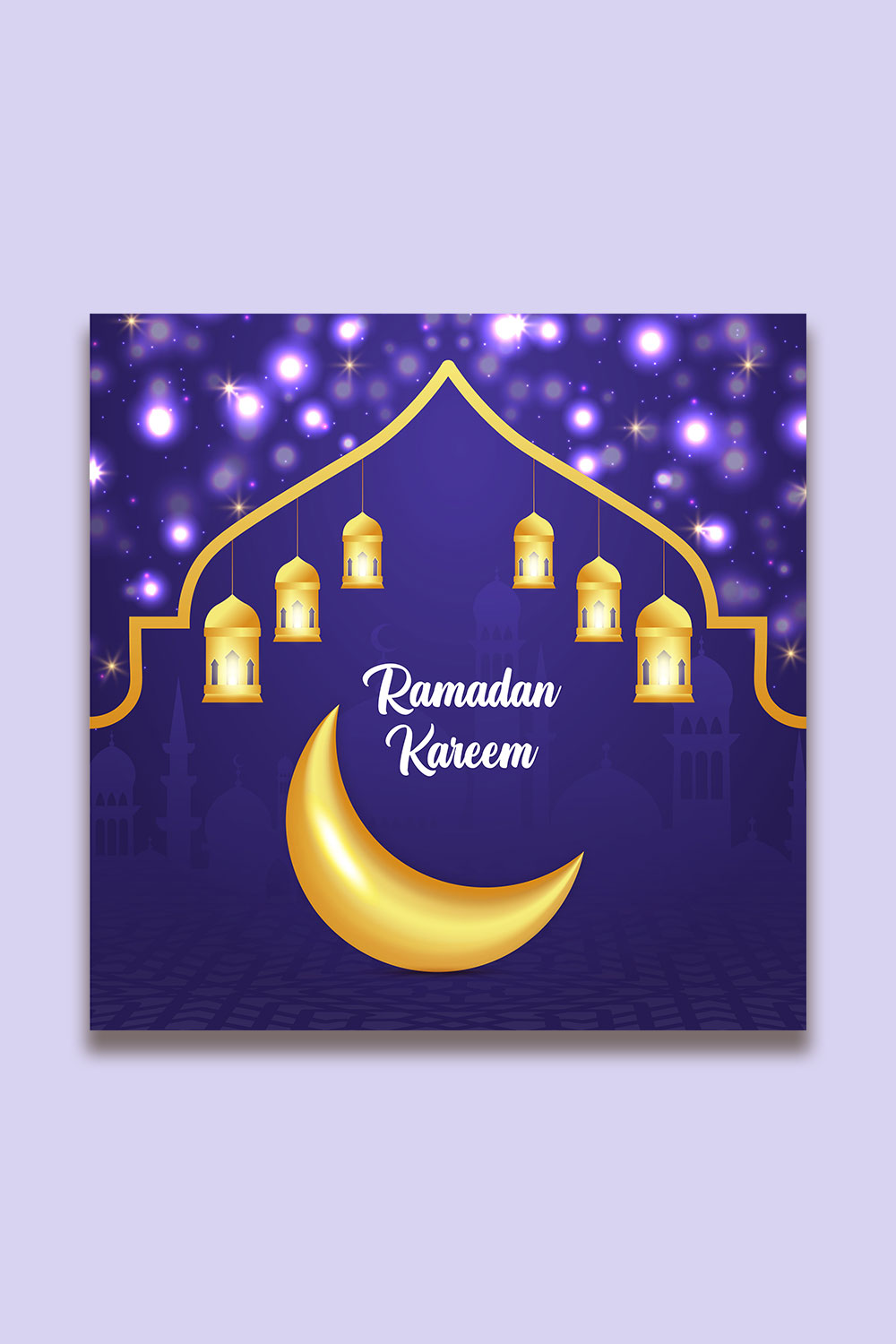 Ramadan Kareem greeting card with Islamic background pinterest preview image.