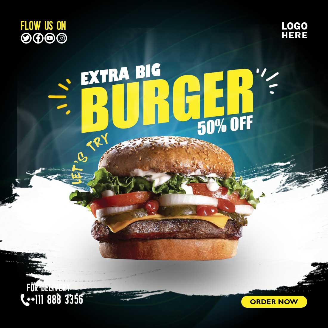 'Delicious' burger and food menu social media banner template cover image.