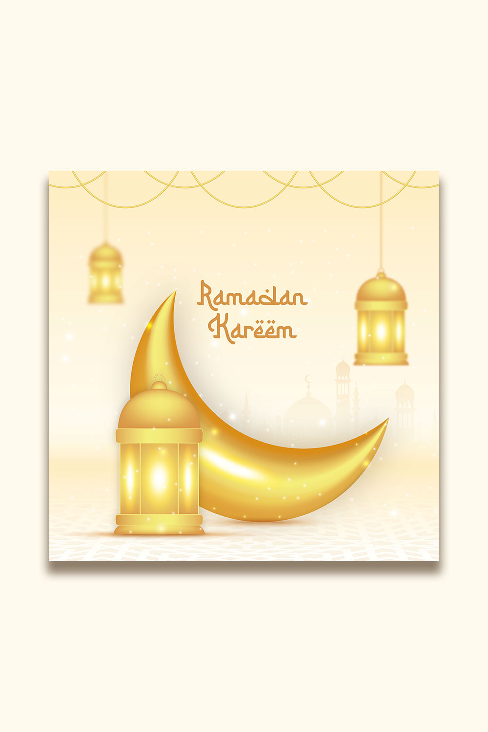 Ramadan Kareem greeting card with Islamic background pinterest preview image.