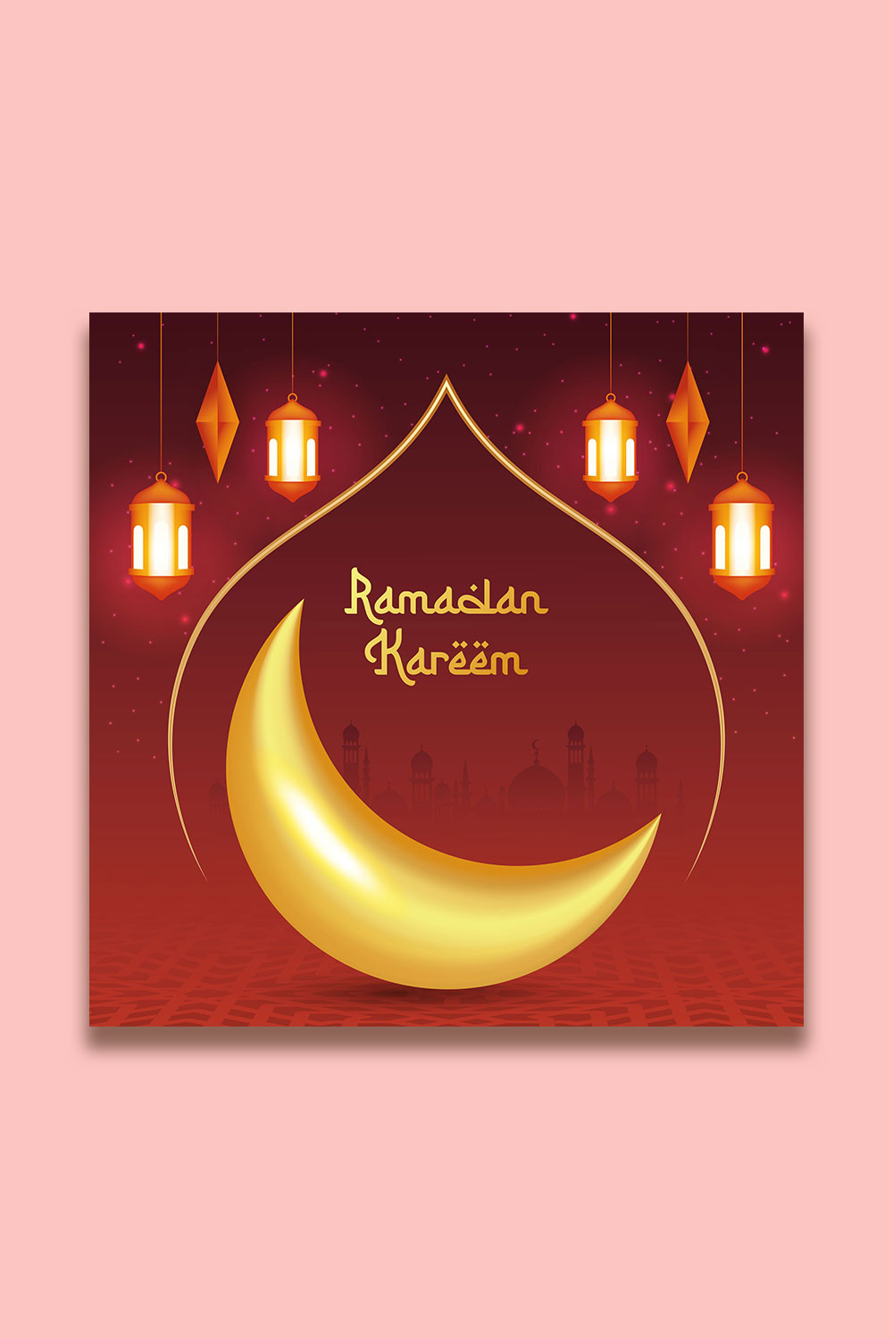 Ramadan Kareem greeting card with Islamic background pinterest preview image.