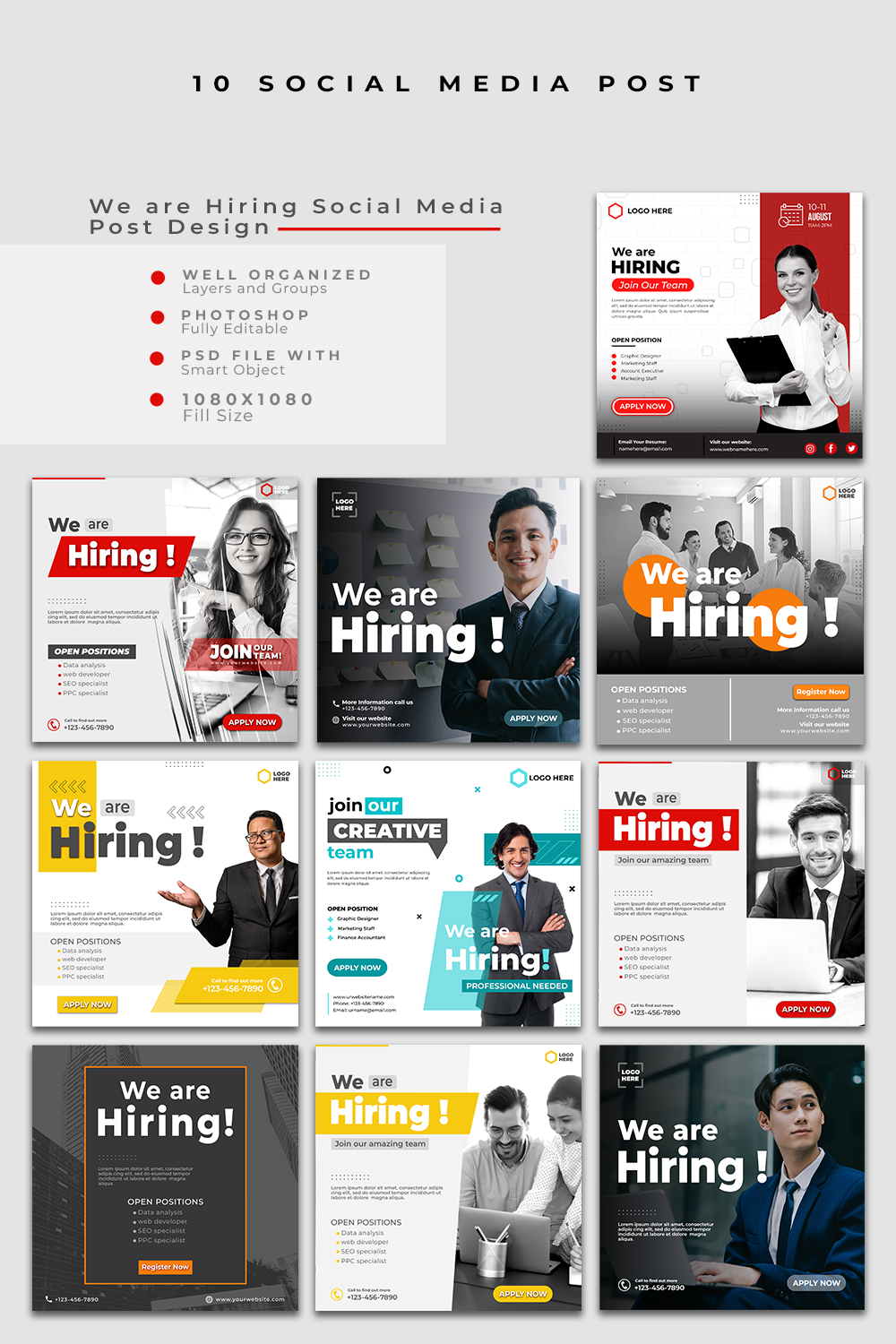 10 We Are Hiring Job Vacancy Social Media PSD Template pinterest preview image.