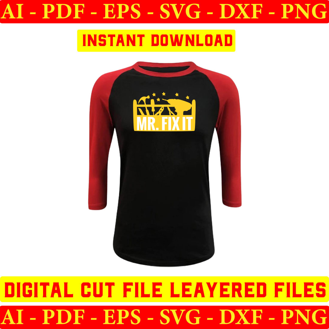 Black and red baseball shirt with a yellow print.