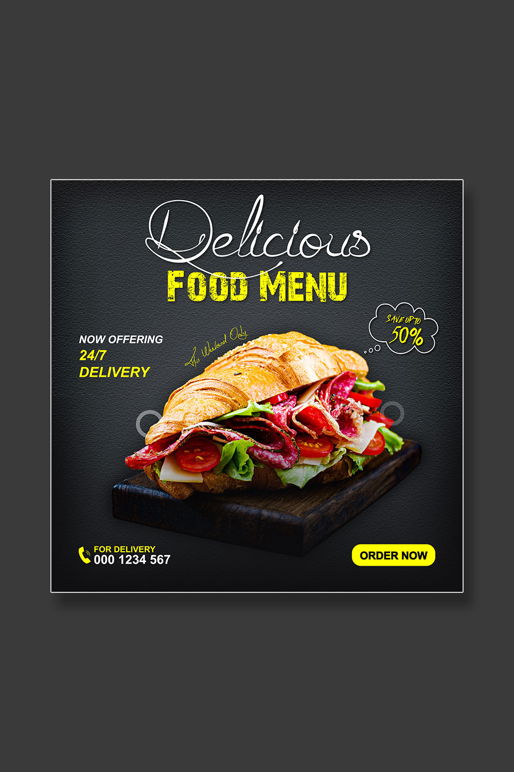 Delicious food menu social media promotion template pinterest preview image.