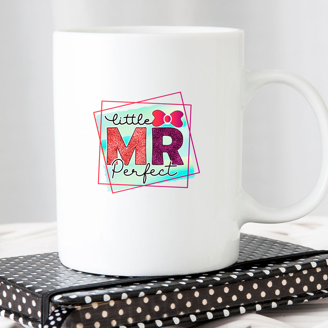 White coffee mug with the words little mr perfect on it.