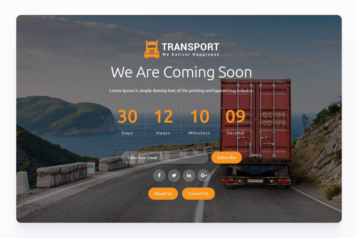 Screenshots of the website page with a photo of the road, a truck and a countdown to launch.