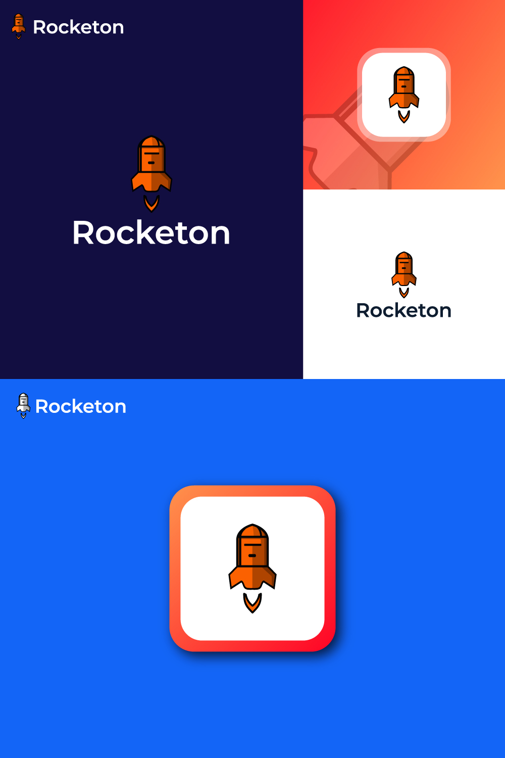 Rocketon logo design with complex shape and colors pinterest preview image.