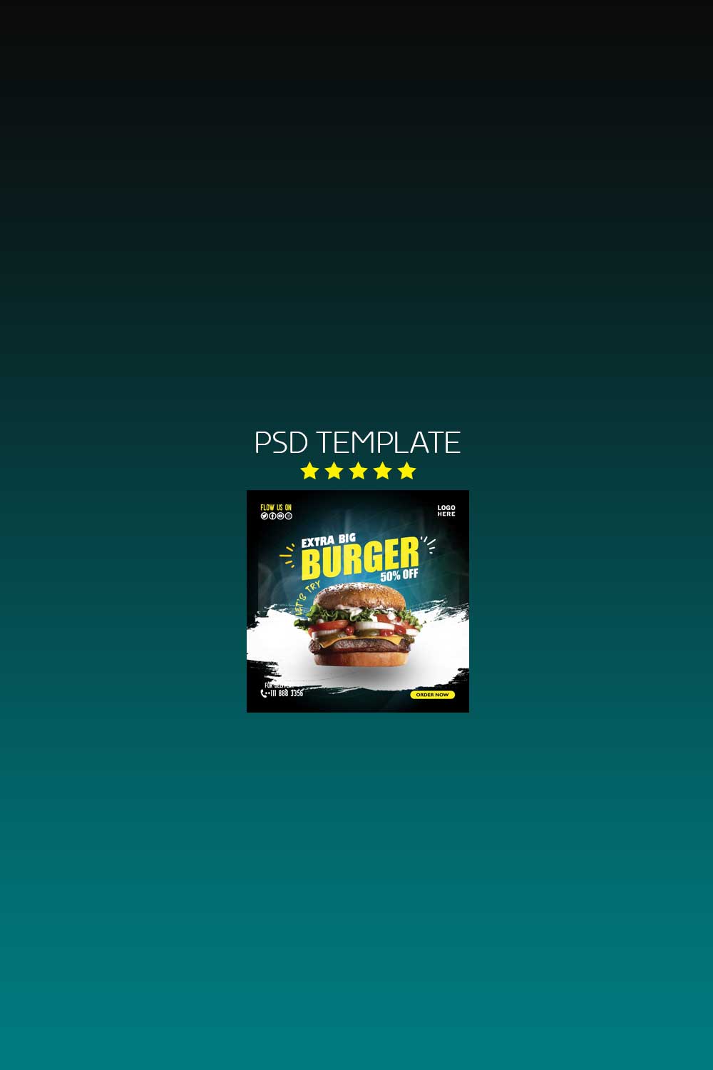 'Delicious' burger and food menu social media banner template pinterest preview image.