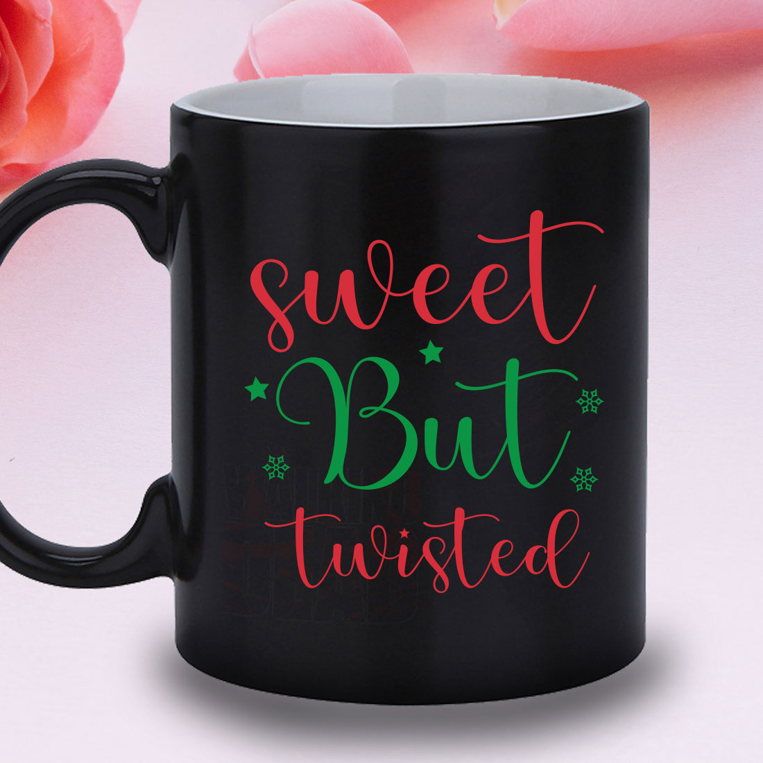 Black coffee mug with the words sweet but twisted on it.