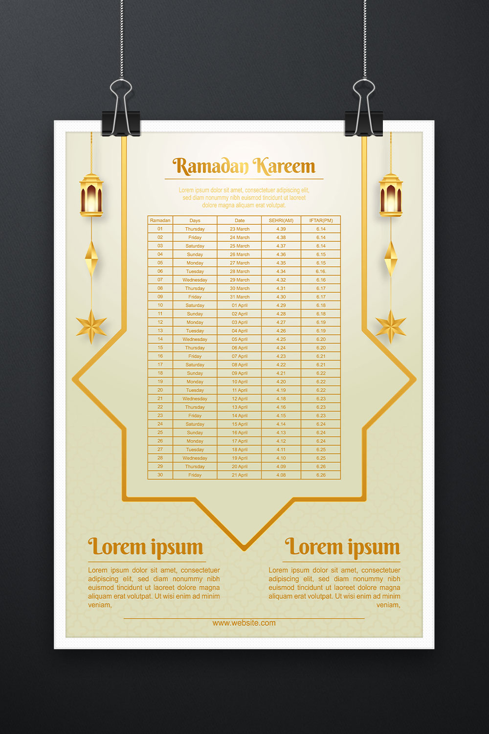 Ramadan Kareem Islamic calendar template and sehri ifter time schedule pinterest preview image.