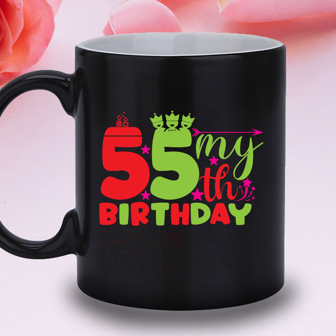 Black coffee mug with the number five on it.