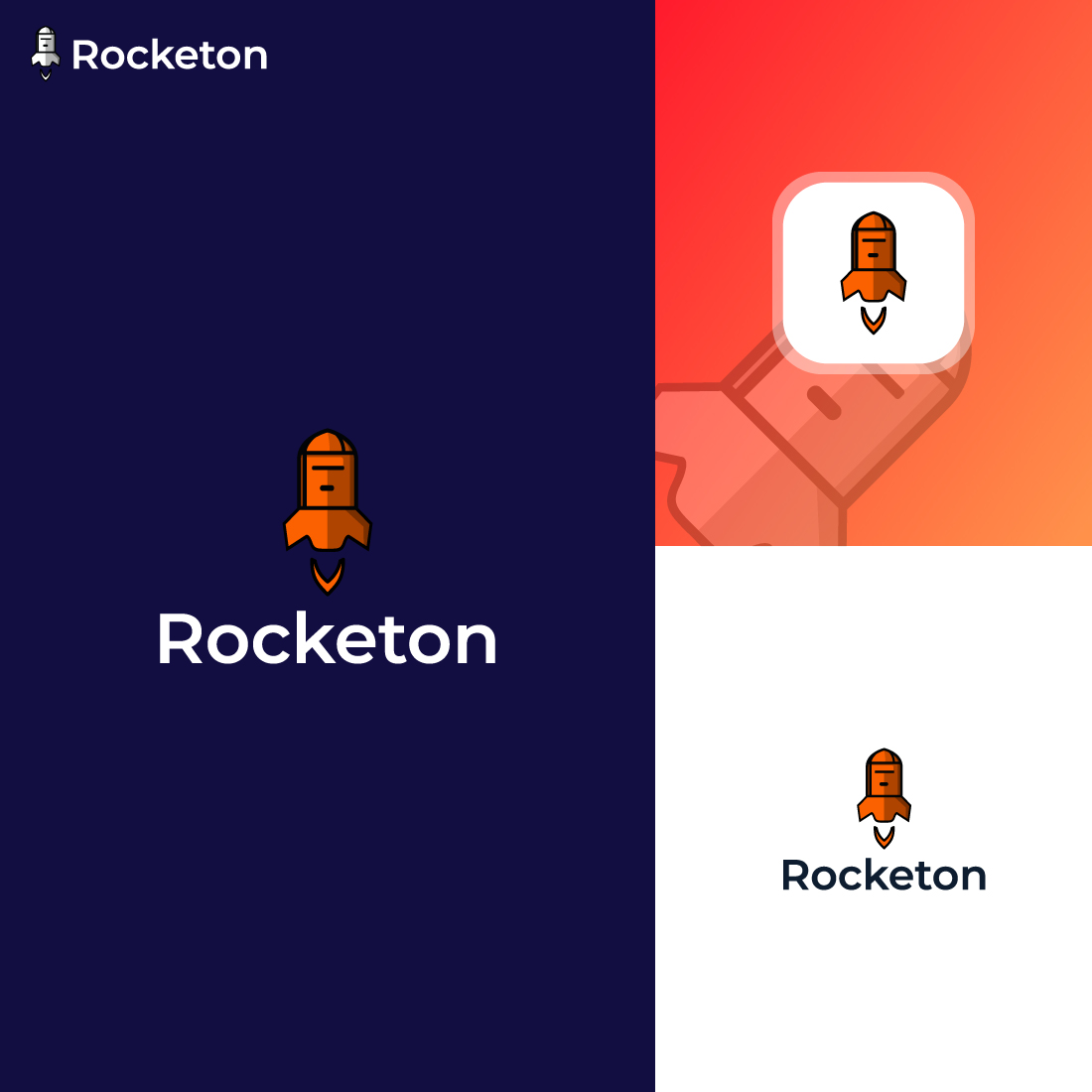 Rocketon logo design with complex shape and colors cover image.