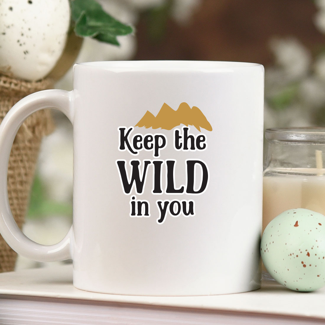 White coffee mug sitting on top of a table.