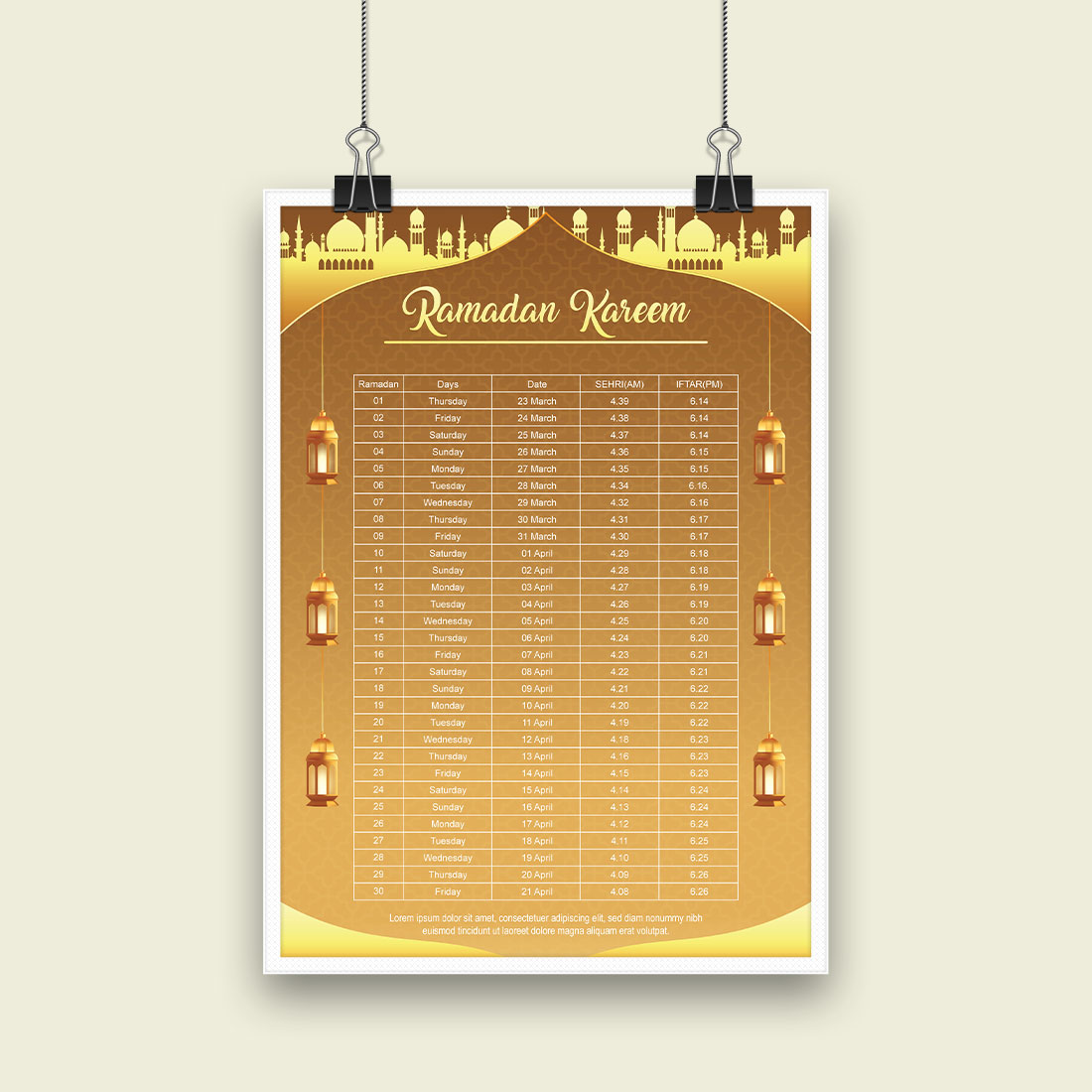 Ramadan Kareem Islamic calendar template and sehri ifter time schedule preview image.