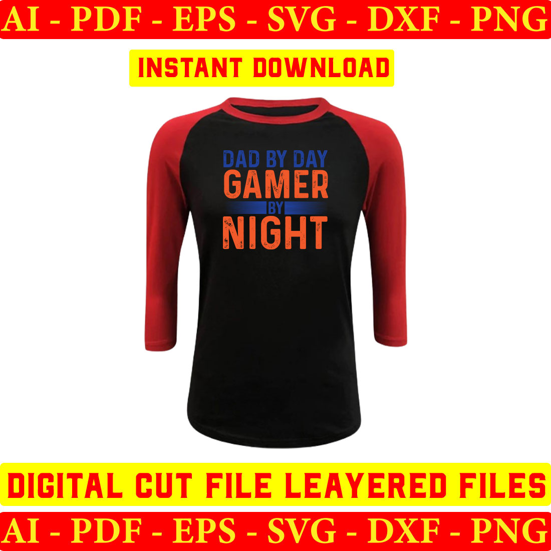 Black and red baseball shirt with the words dad by day gamer night on it.
