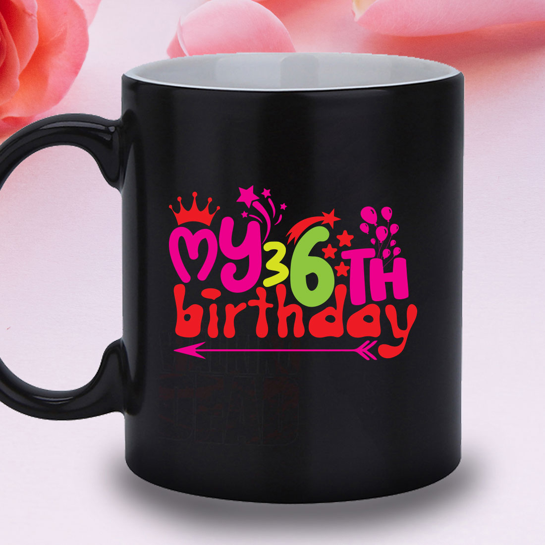 Black coffee mug with a happy birthday message.