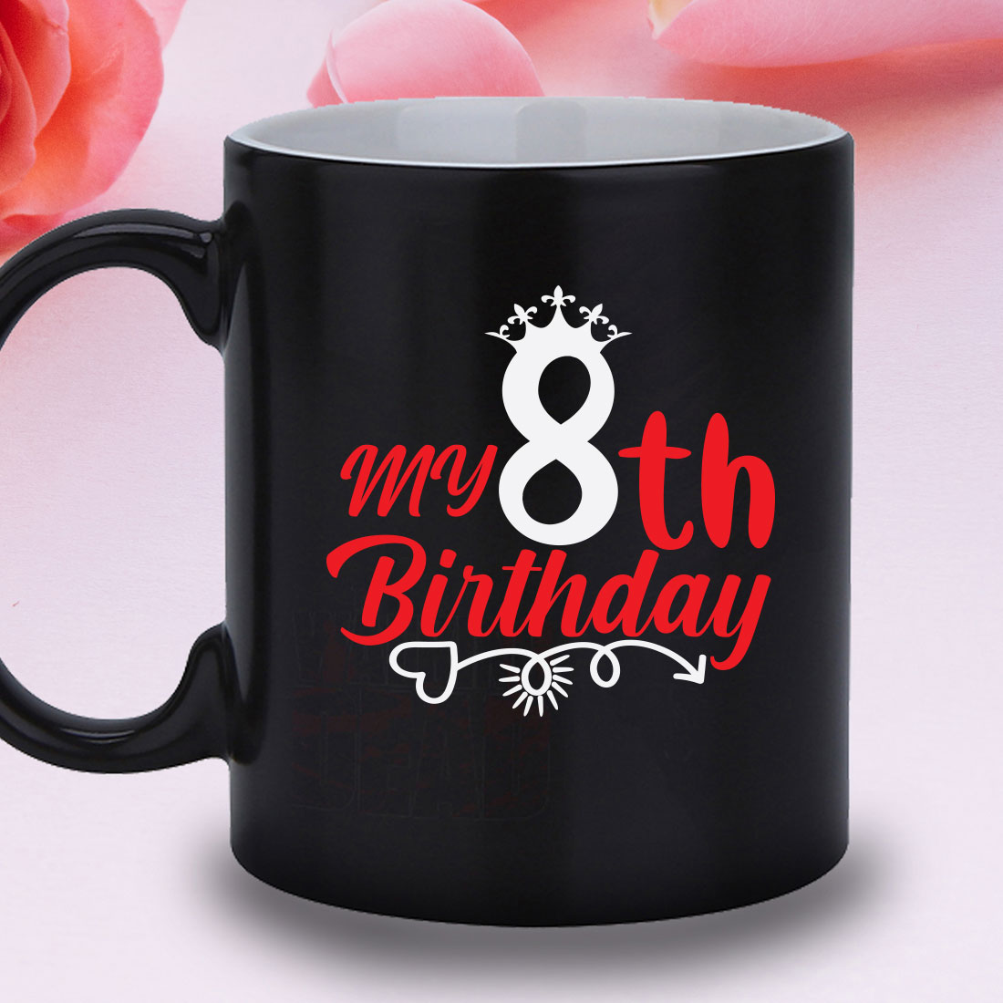 Black coffee mug with the number eight on it.
