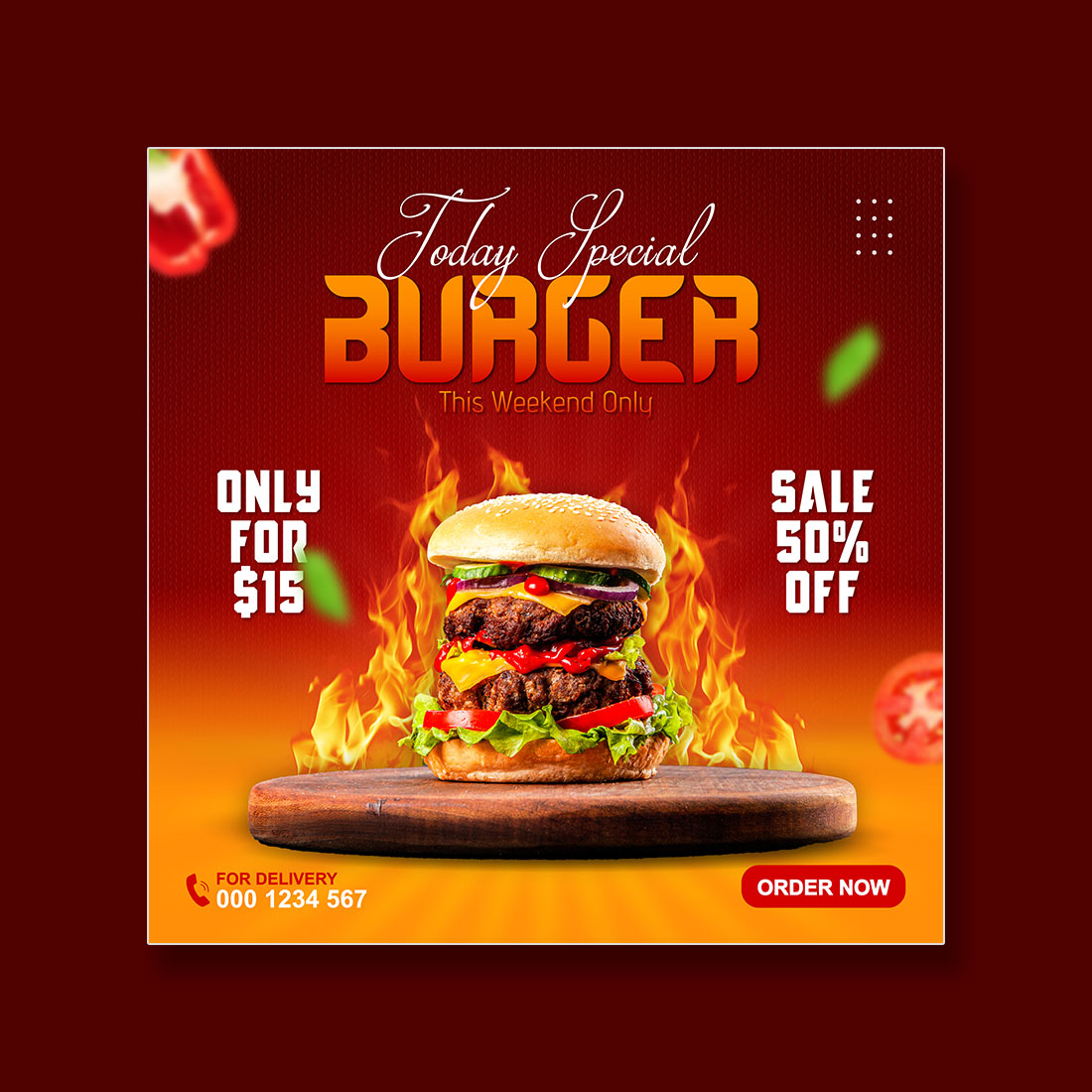 food menu and delicious burger sale social media promotion template preview image.