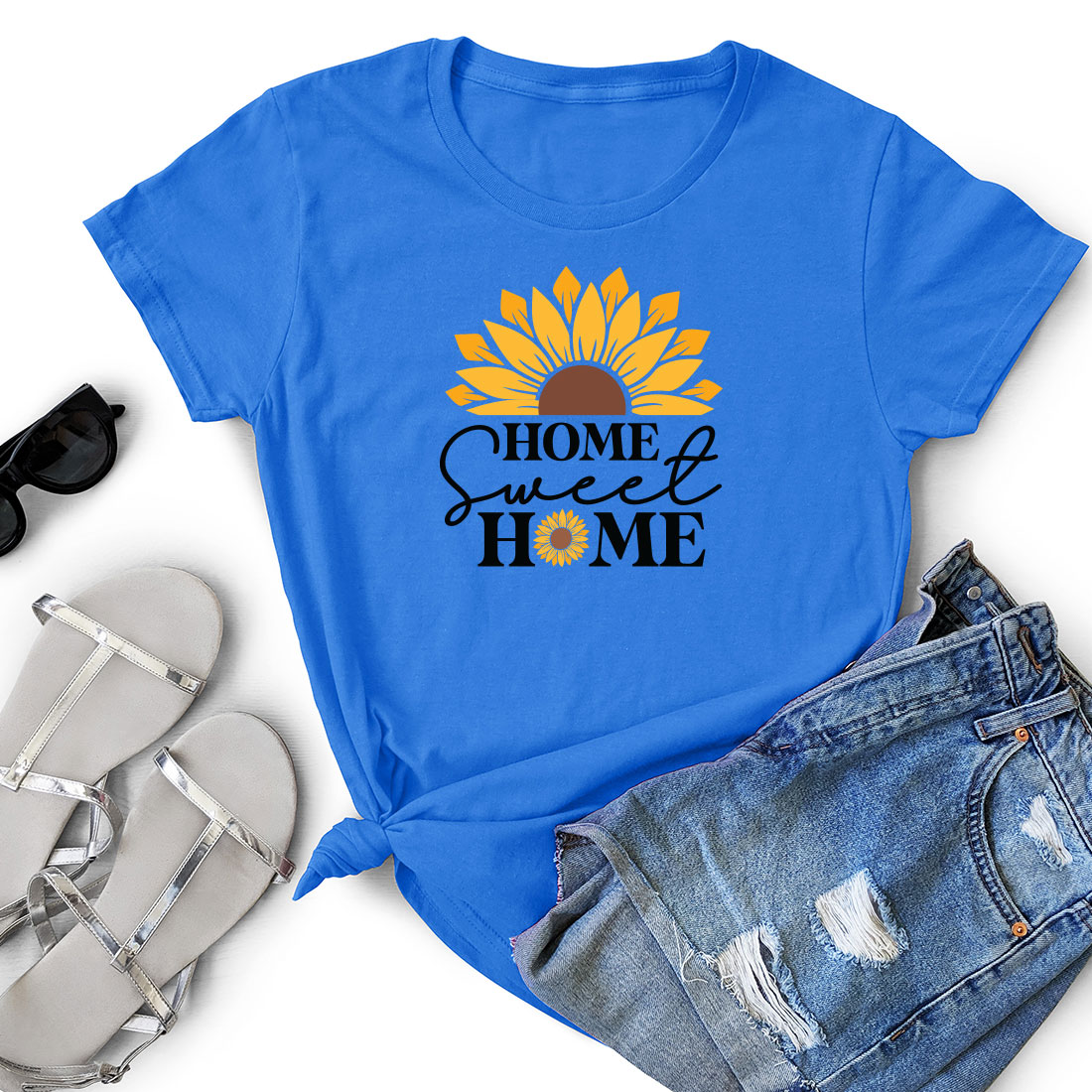 T - shirt that says home sweet home with a sunflower.