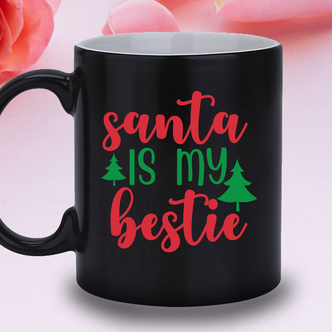 Black coffee mug with santa is my bestie on it.