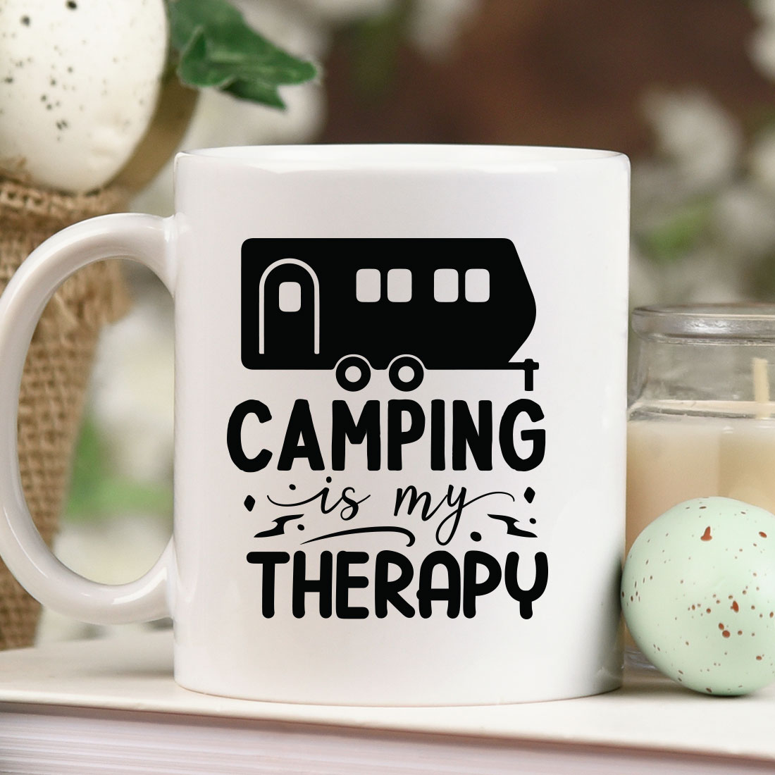 Coffee mug that says camping is my therapy.