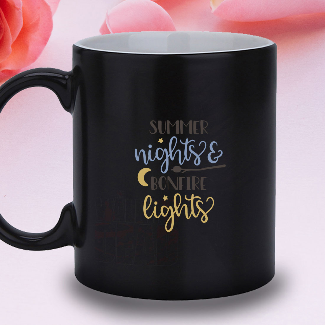 Black coffee mug with the words summer nights and bonfire lights.