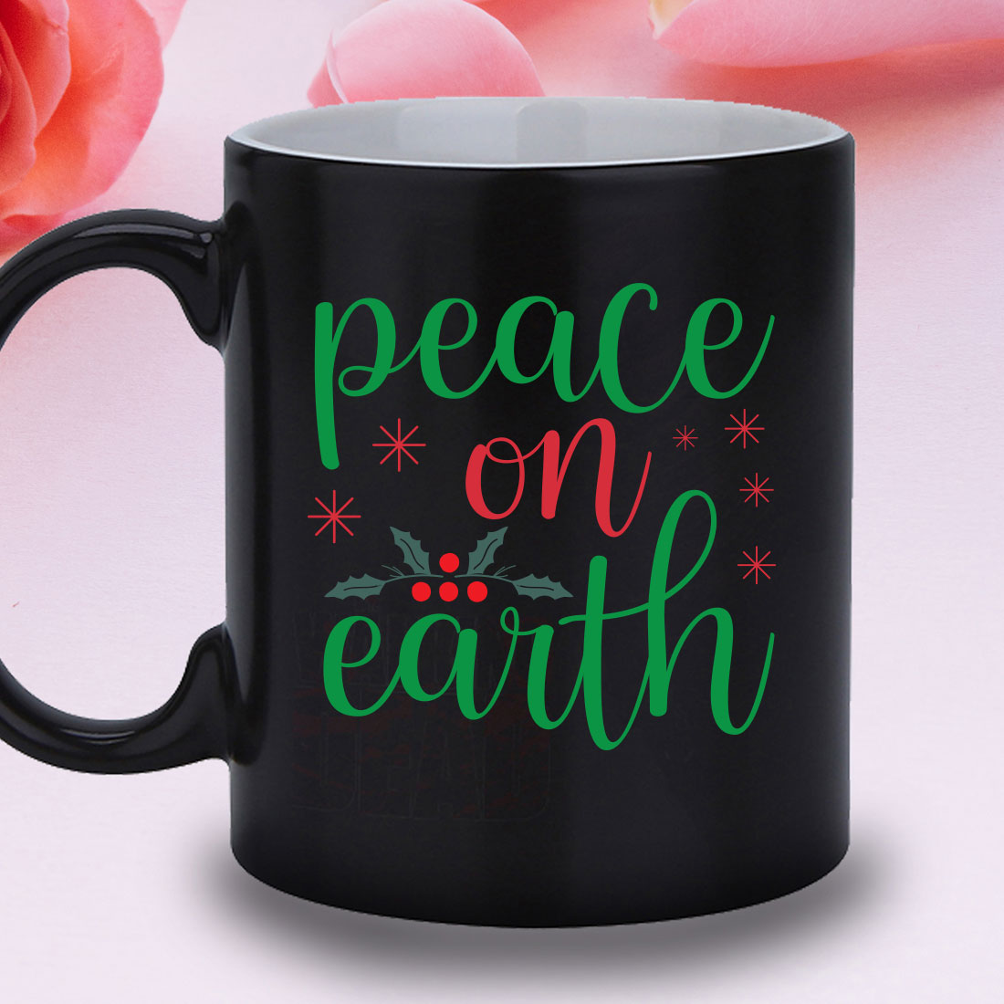 Black coffee mug with the words peace on earth printed on it.
