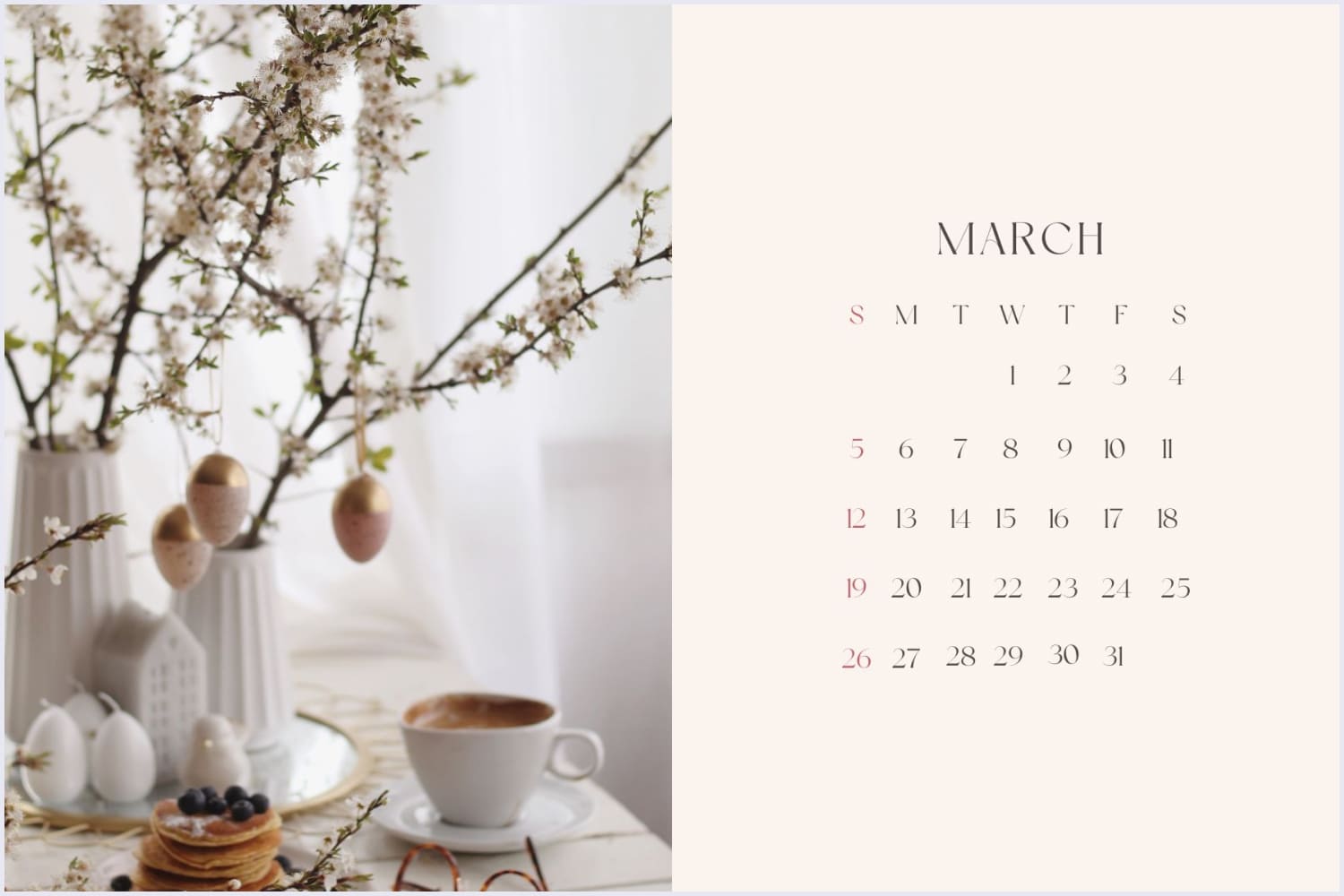 Calendar for March with a photo of a decorated table.