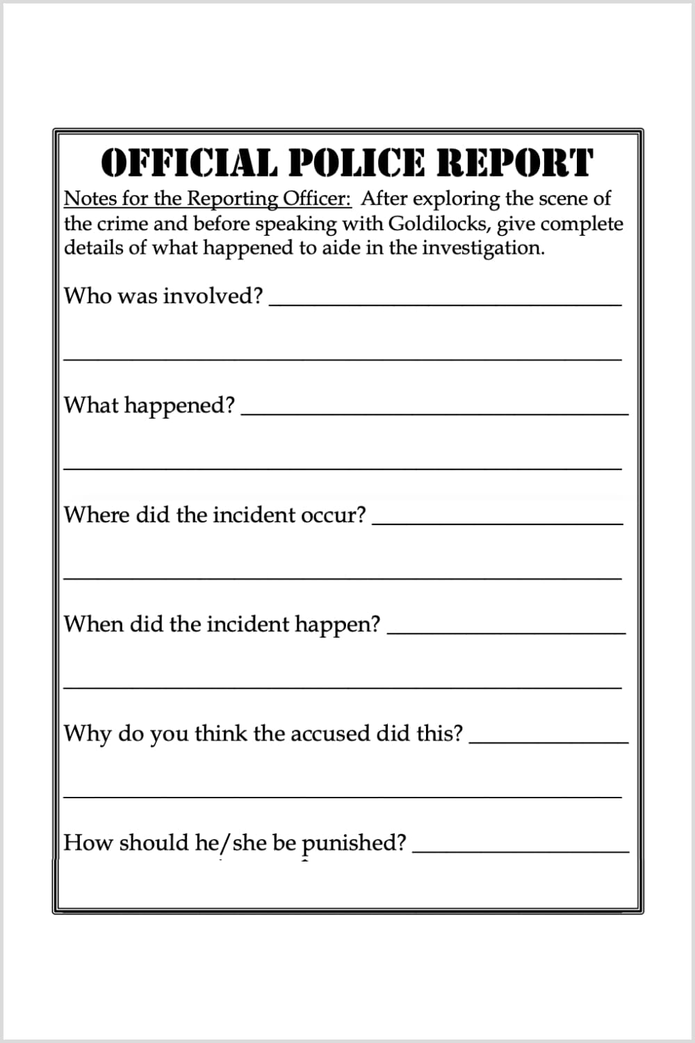 Image of an official police report with questions and space for answers.