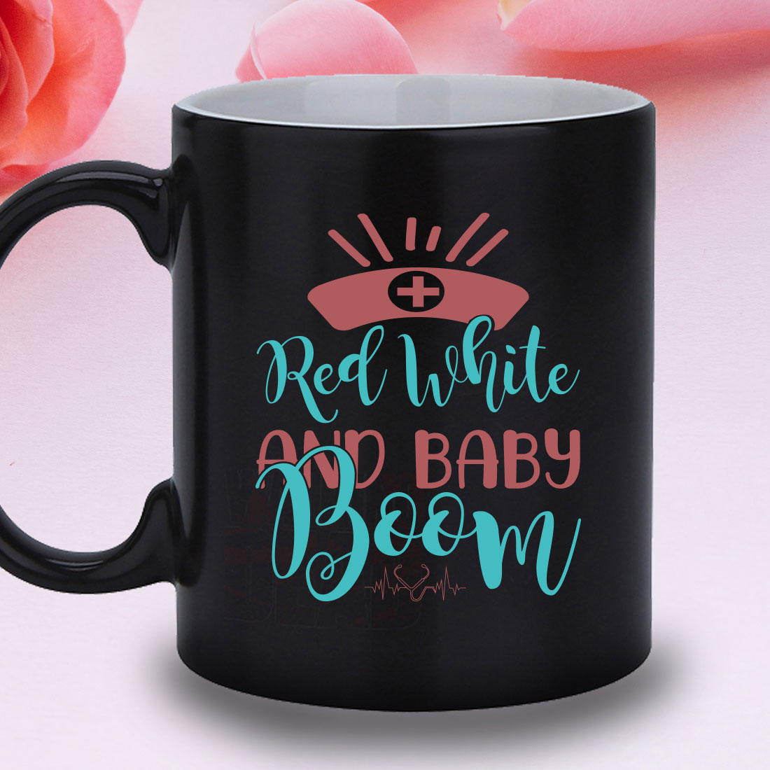 Black coffee mug with the words red white and baby boom on it.