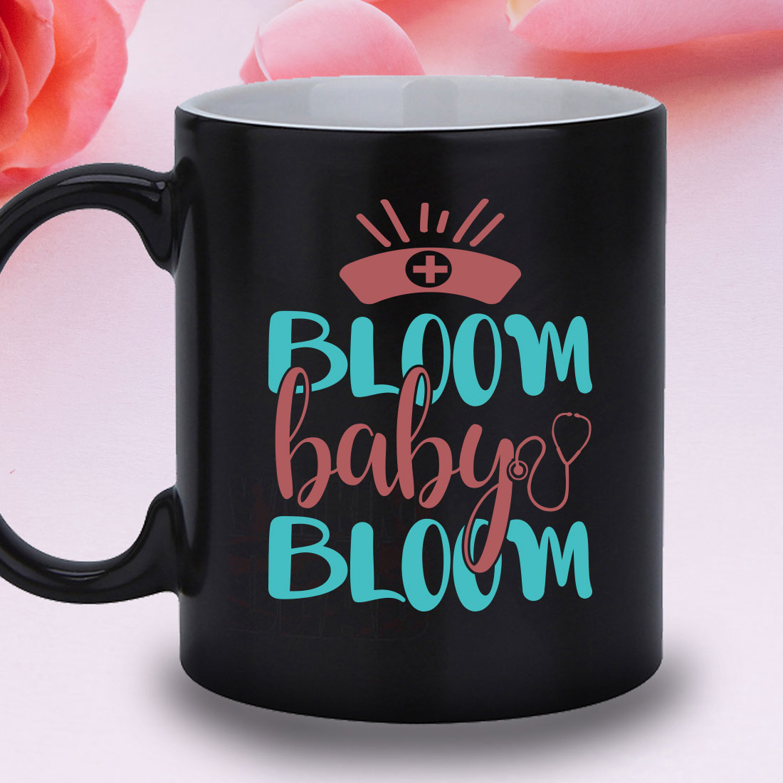 Black coffee mug with the words bloom baby bloom on it.