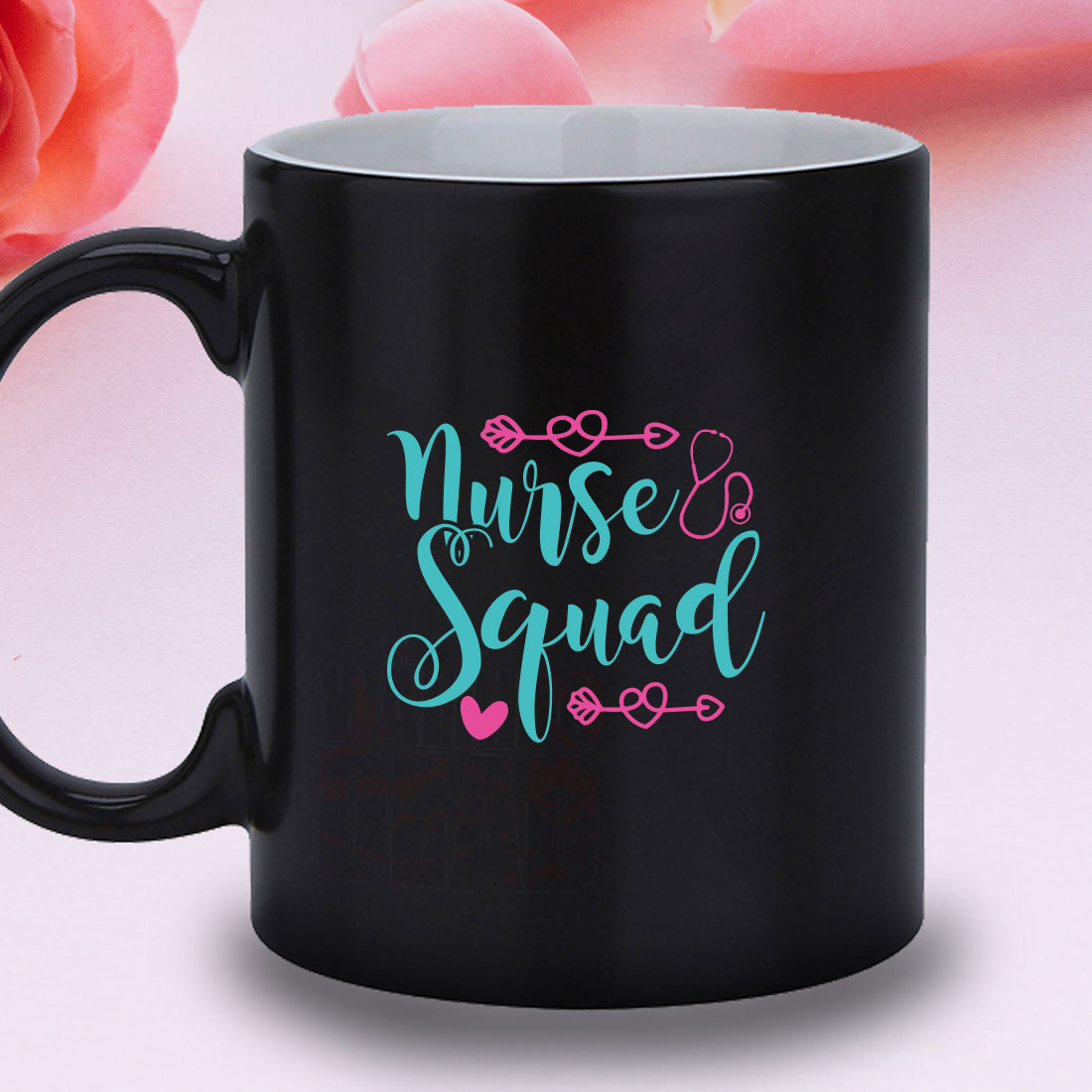 Black coffee mug with the words nurse squad on it.