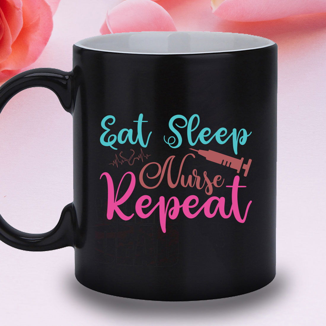 Black coffee mug with the words eat sleep and nurse repeat.