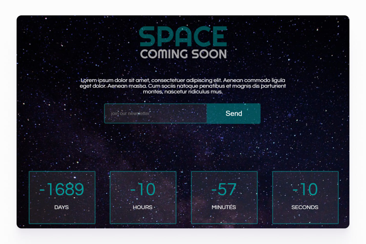Screenshots of a website page with a starry background, a subscription form and a countdown to launch.