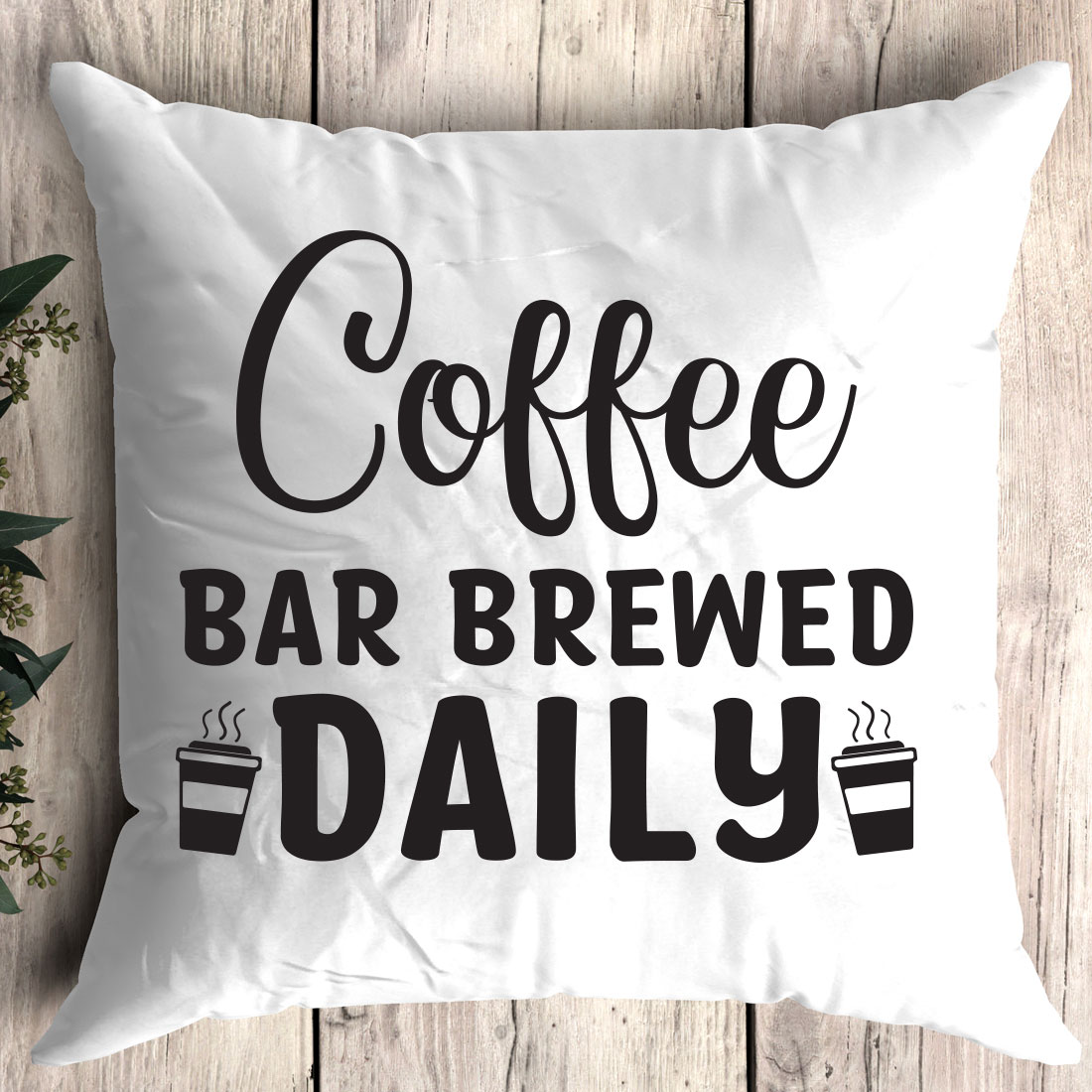 Pillow that says coffee bar brew daily.