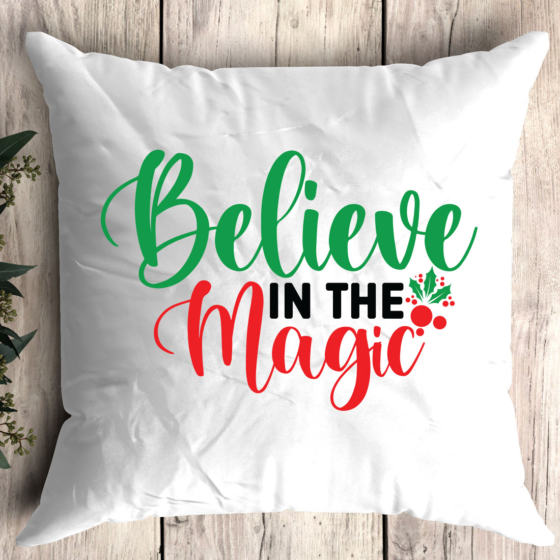 Pillow that says believe in the magic.