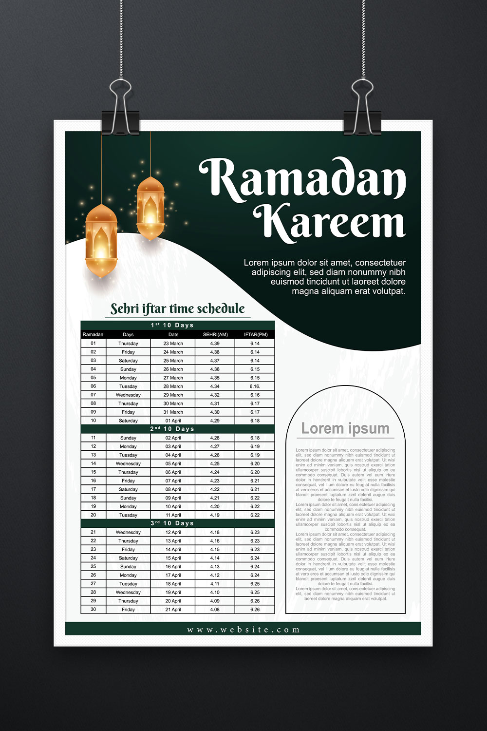 Realistic ramadan calendar template pinterest preview image.