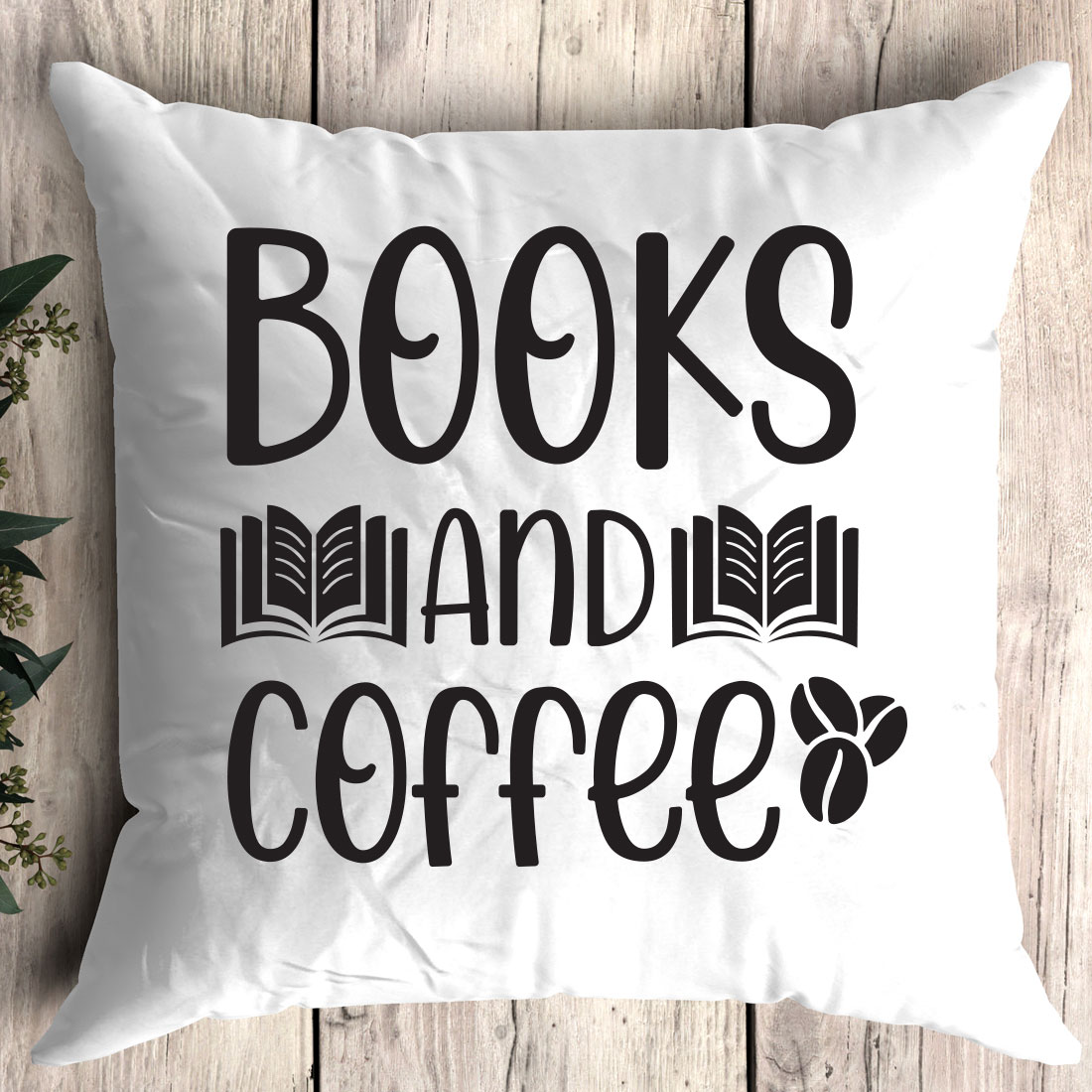 Pillow that says books and coffee on it.