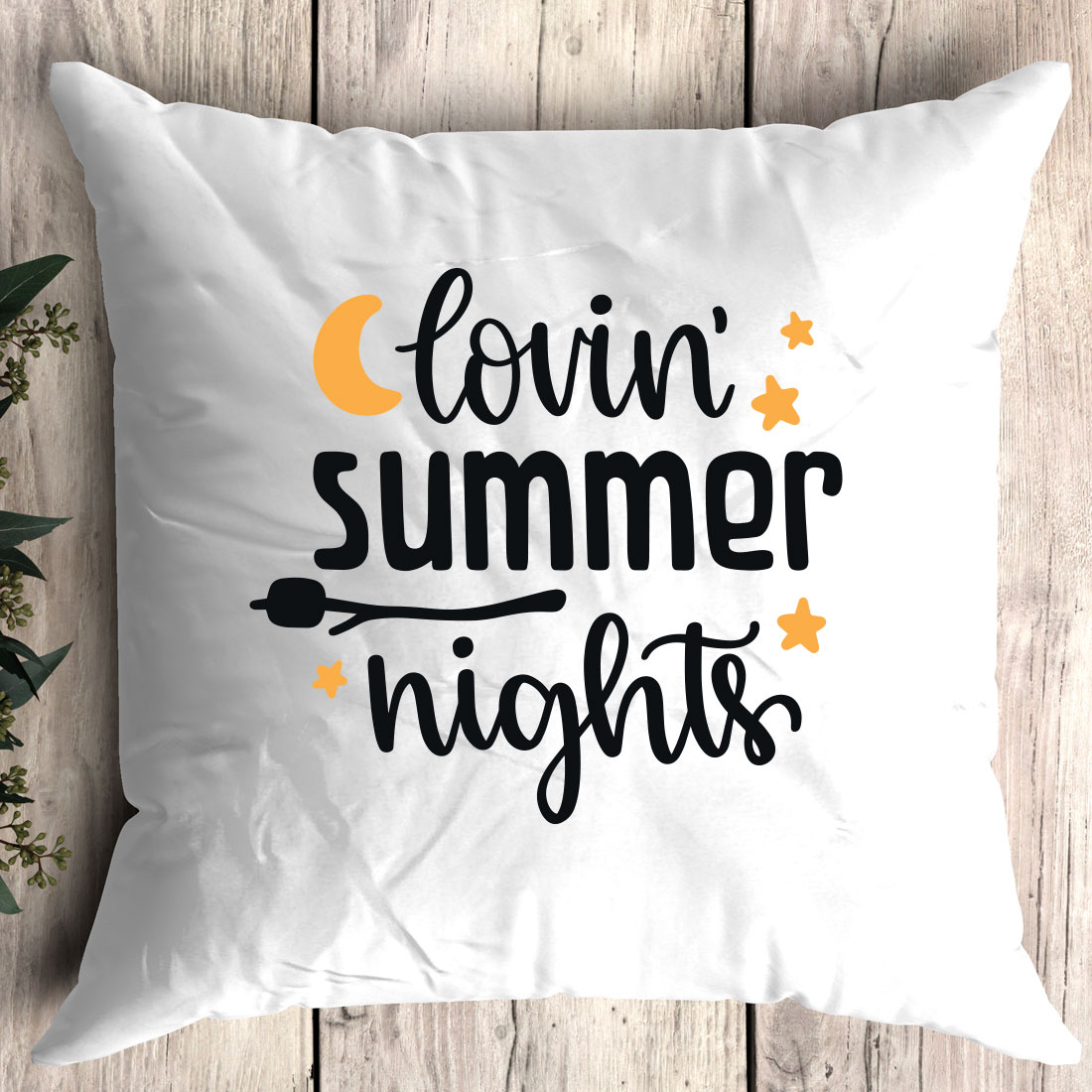 White pillow with the words coun summer nights printed on it.