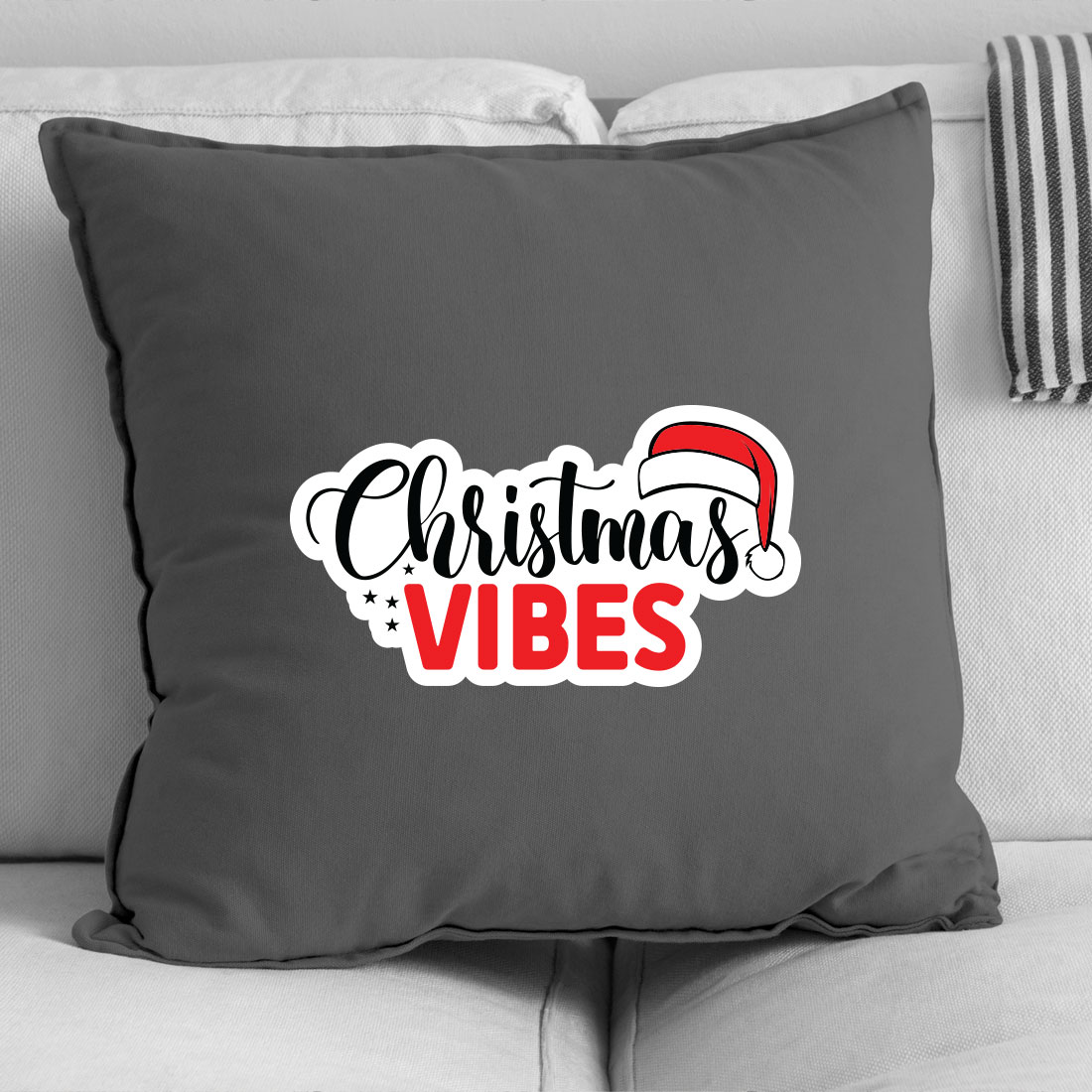 Pillow that says christmas vibes on it.