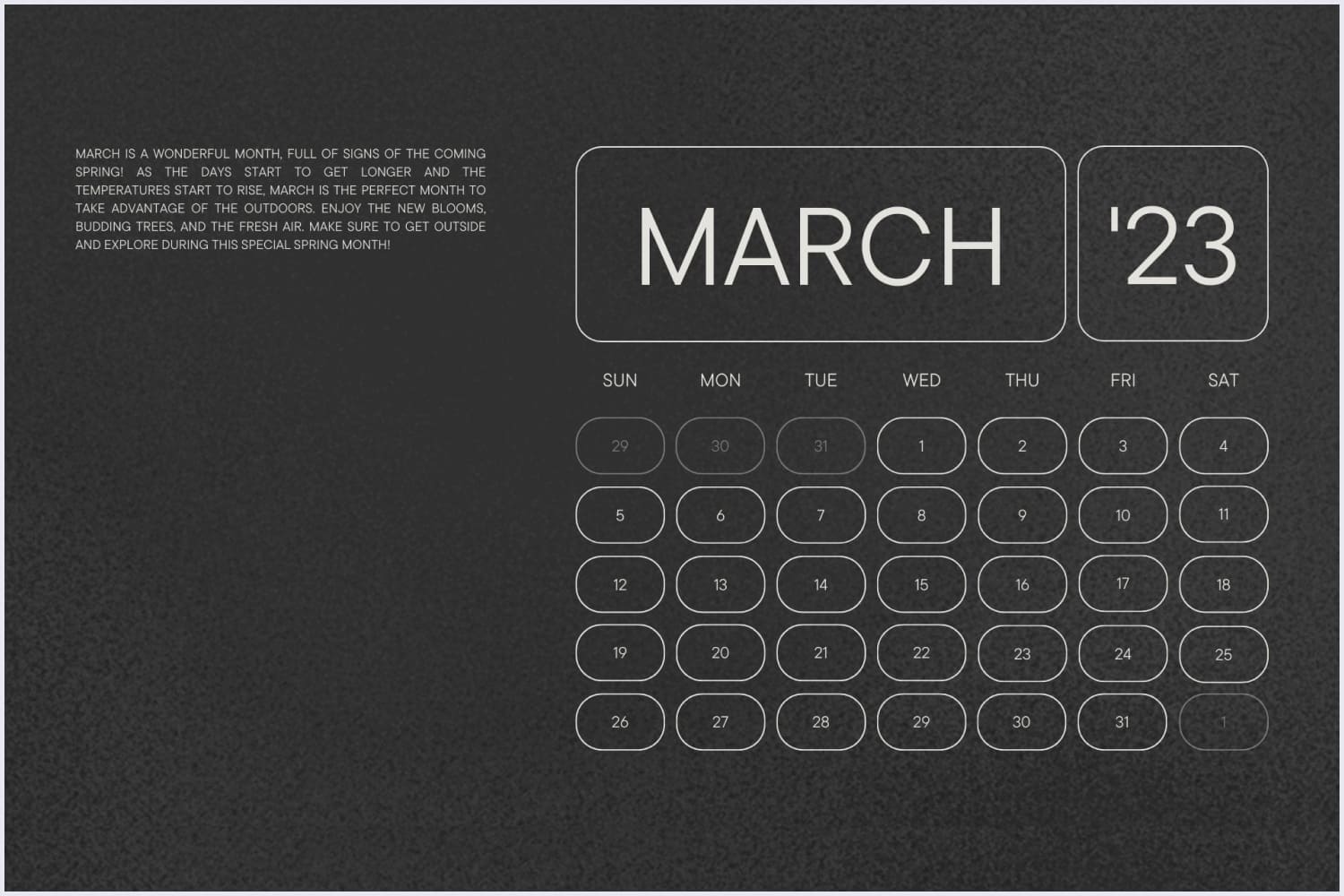 Calendar for March in the form of a calculator with a black background.