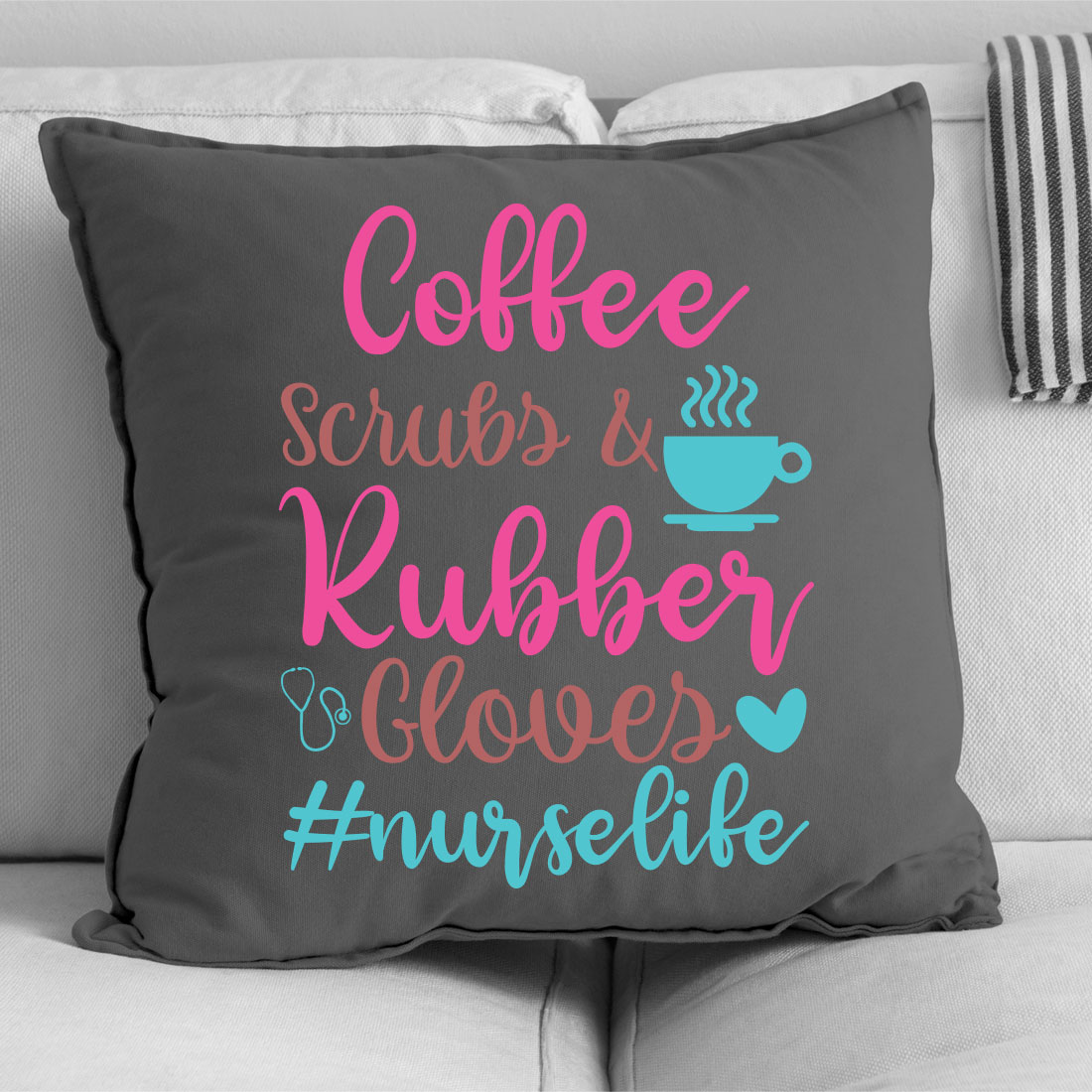 Pillow that says coffee scrubs and rubber gloves.