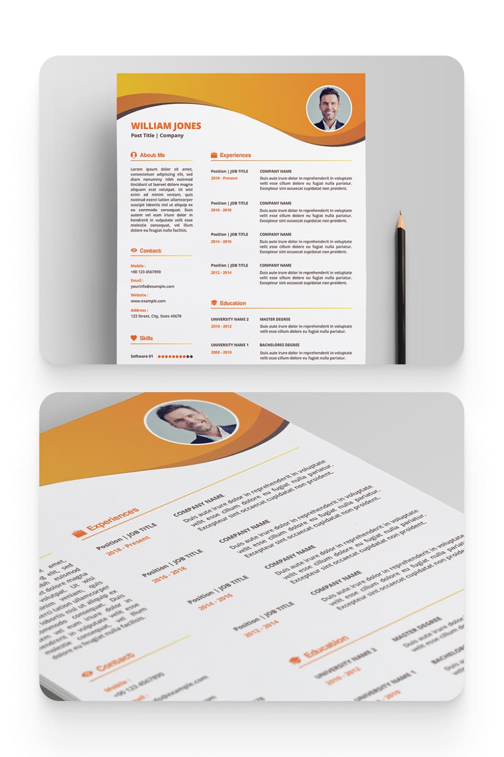 Collage of images Resume with three columns with a white background and a round photo with orange accents.