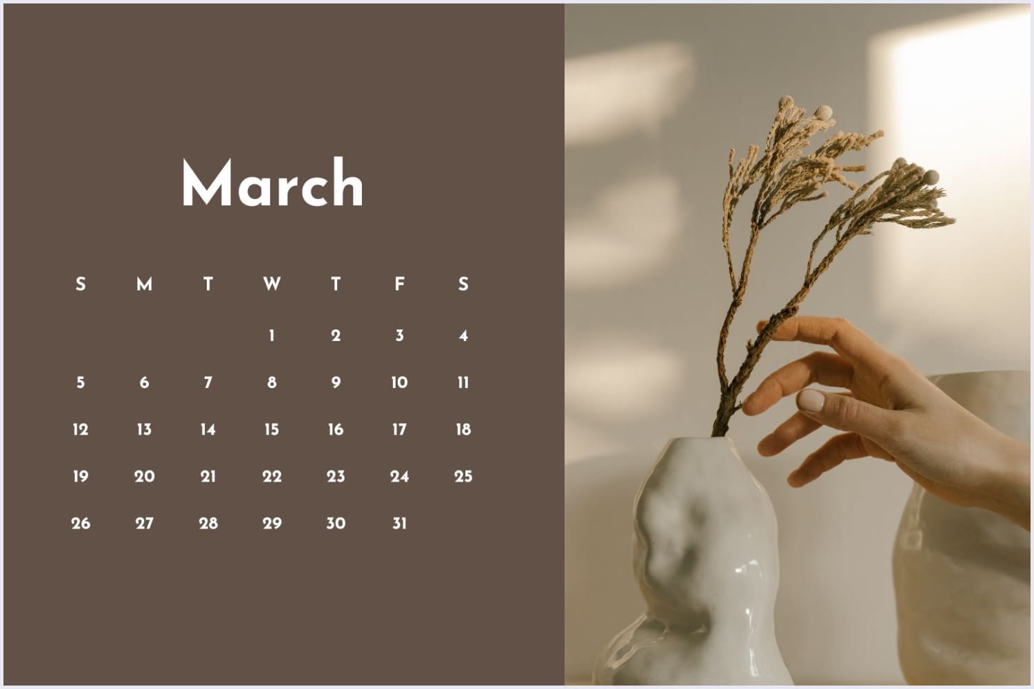 Calendar for March with a photo of a vase with a branch and a hand.