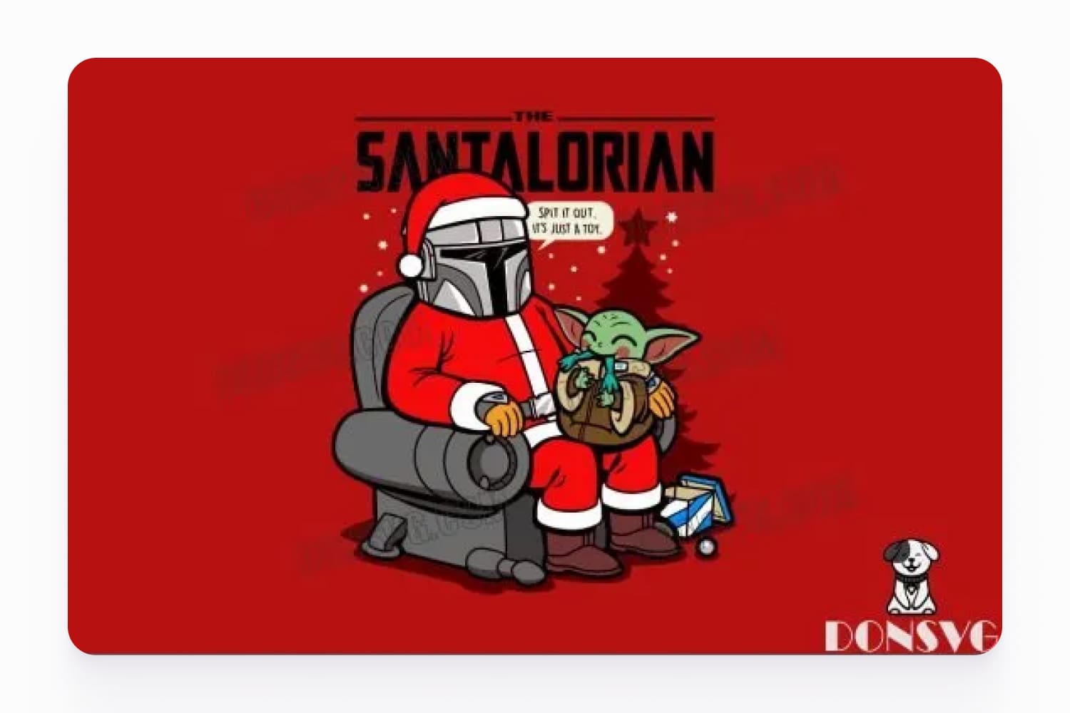 Santa in the form of the Mandalorian in a chair and Yoda on his lap.